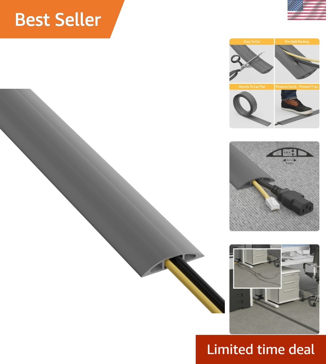 6ft Floor Cord Cover, Cable Channel, Protect Cords, Prevent Trips - 0.63" W x...