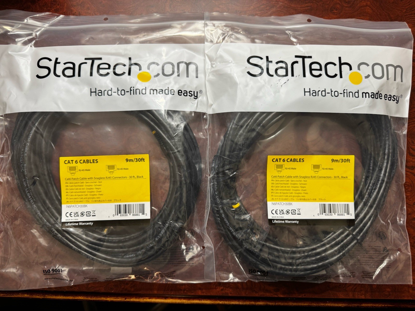 2 Pack StarTech 30FT Snagless Premium CAT6 Patch Ethernet Network Cable, Black