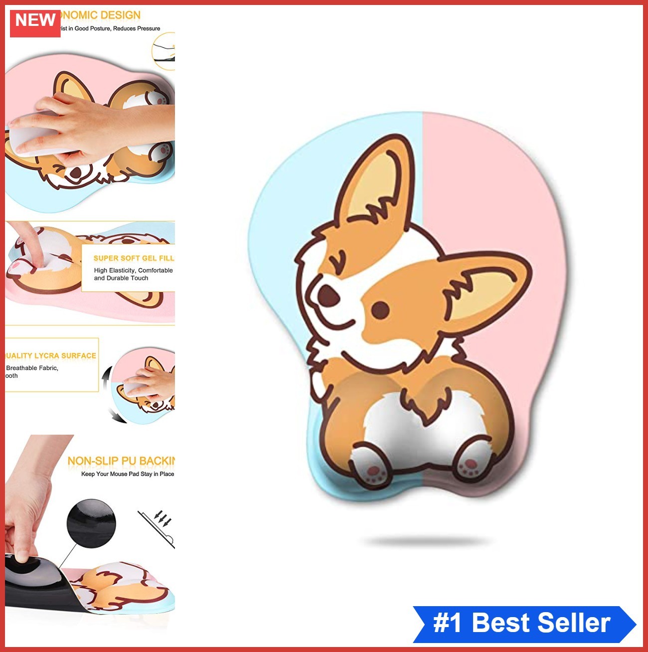 Ergonomic Mouse Pad with Wrist Support Gel Corgi Design Non-Slip PU Base for