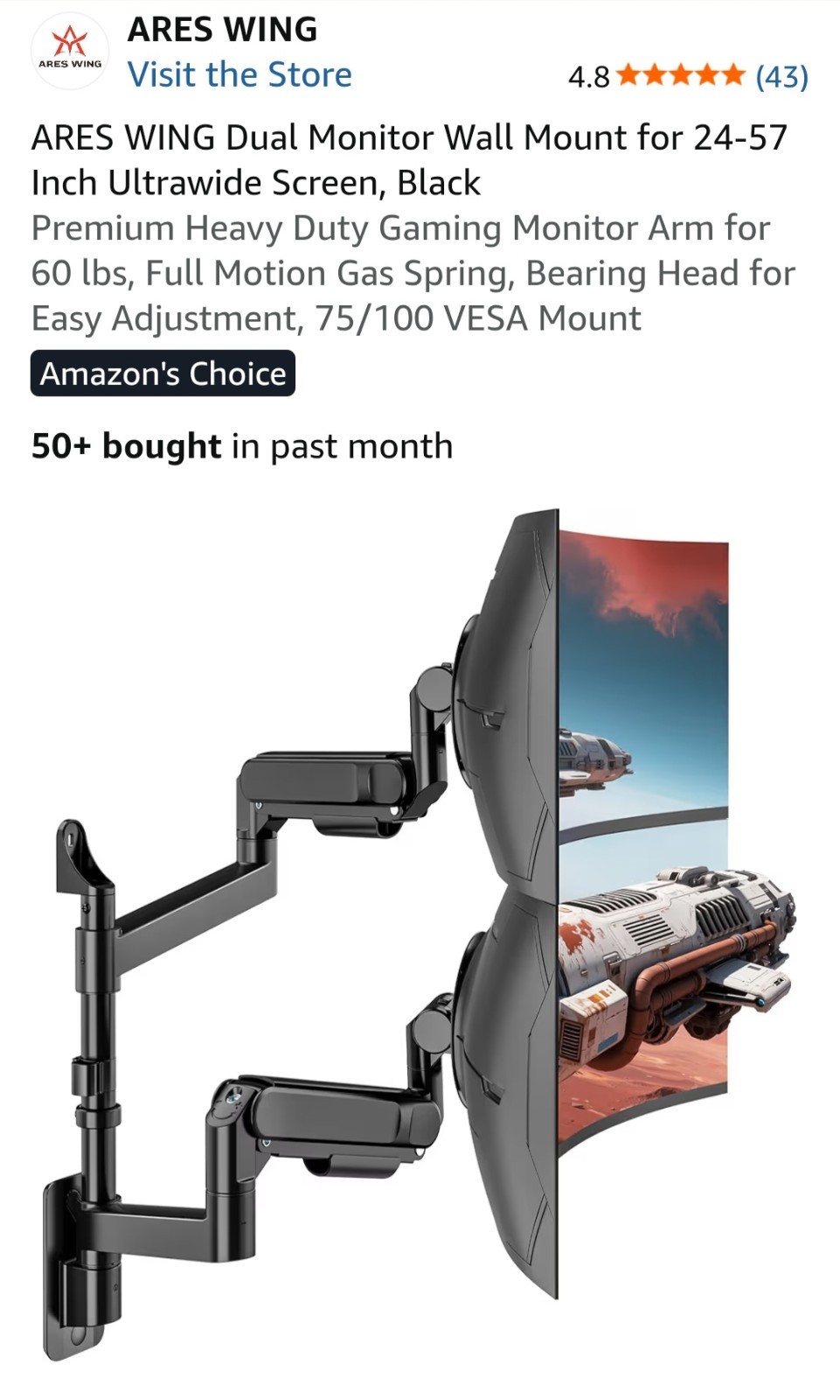 ARES WING Dual Monitor Wall Mount for 24-57 Inch Ultrawide Screens, Heavy Dut...