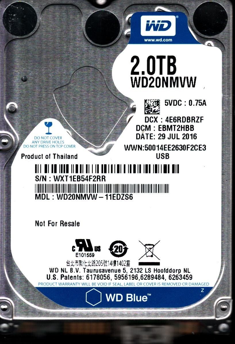 WD20NMVW-11EDZS6 S/N: WXT1E DCM: EBMT2HBB WESTERN DIGITAL 2TB THAILAND JUL 2016