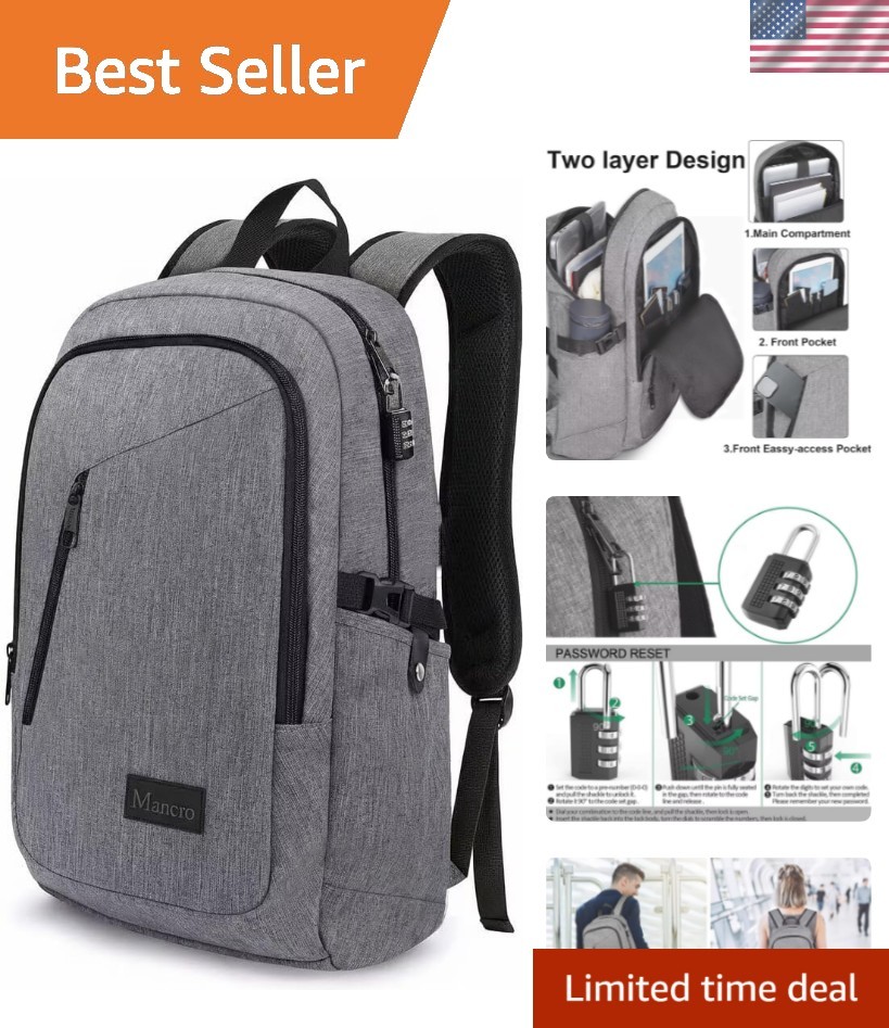 Versatile Grey Anti-Theft Laptop Backpack for Business Travel - 10 Pockets