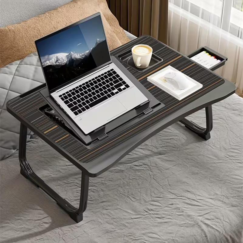 Folding Laptop Bed Table Tray with Cup Holder Tablet Slot Portable Desk - BLACK