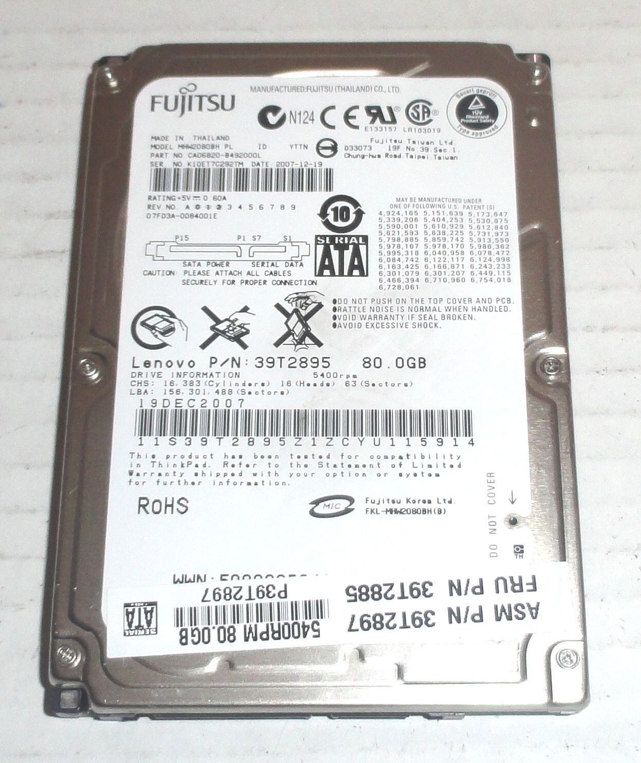 Fujitsu MHW2080BH PL 80GB Sata Hard Drive P/N: CA06820-B492000L  F/W: 0084001E