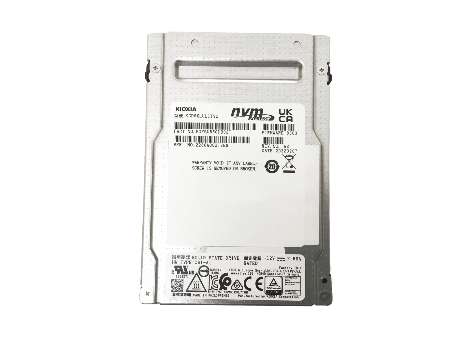 Hard drive Kioxia 1.92TB SSD NVMe PCIe 4.0 U.3 2.5" 3D TLC RI SDFSU85GDB02T