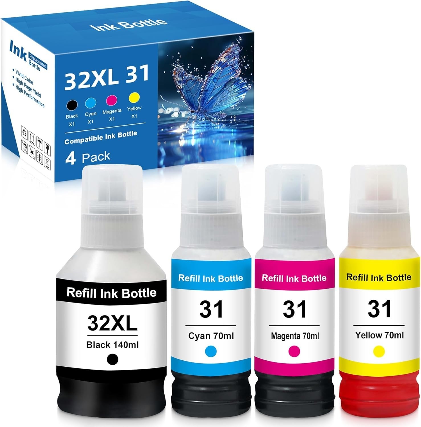 4 Pack Compatible for HP 32XL + HP 31 Ink Bottles for Smart Tank Plus 551 651