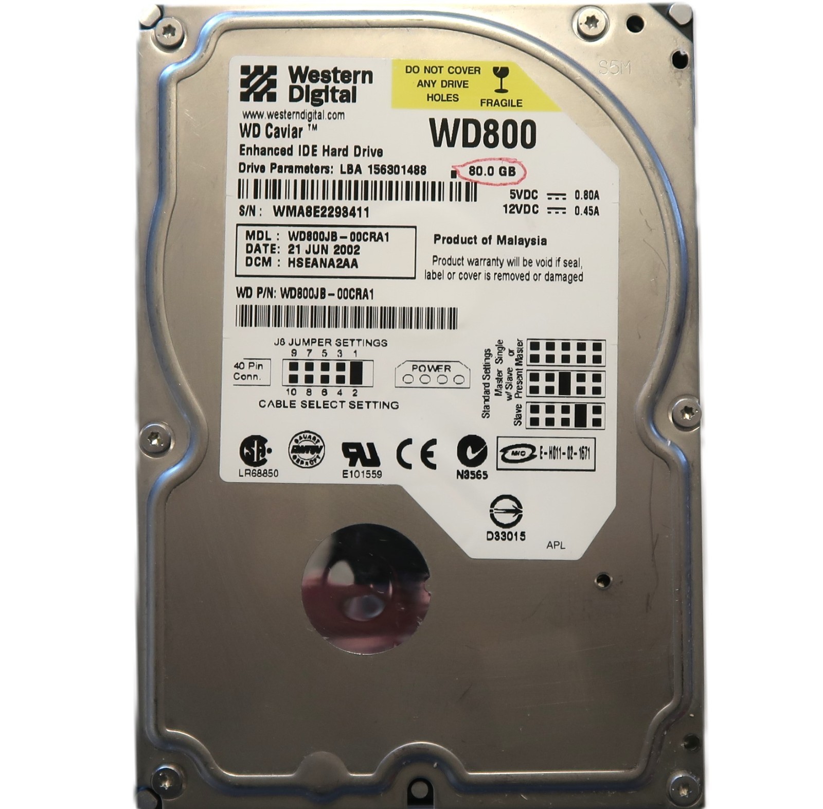 WD WD800JB-00CRA1 HSEANA2AA (WMA8) Malaysia 3.5" 80gb IDE/ATA HDD JUN/2002