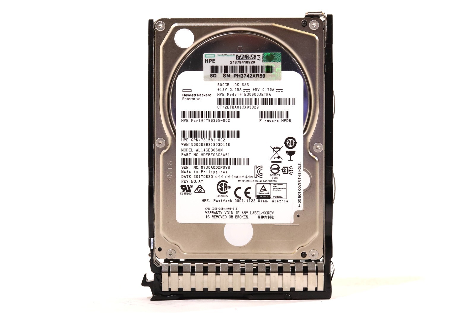 HPE EG0600JETKA 600GB 2.5" 12Gb/s 10K RPM SAS Hard Drive W/Caddy P/N: 781581-002