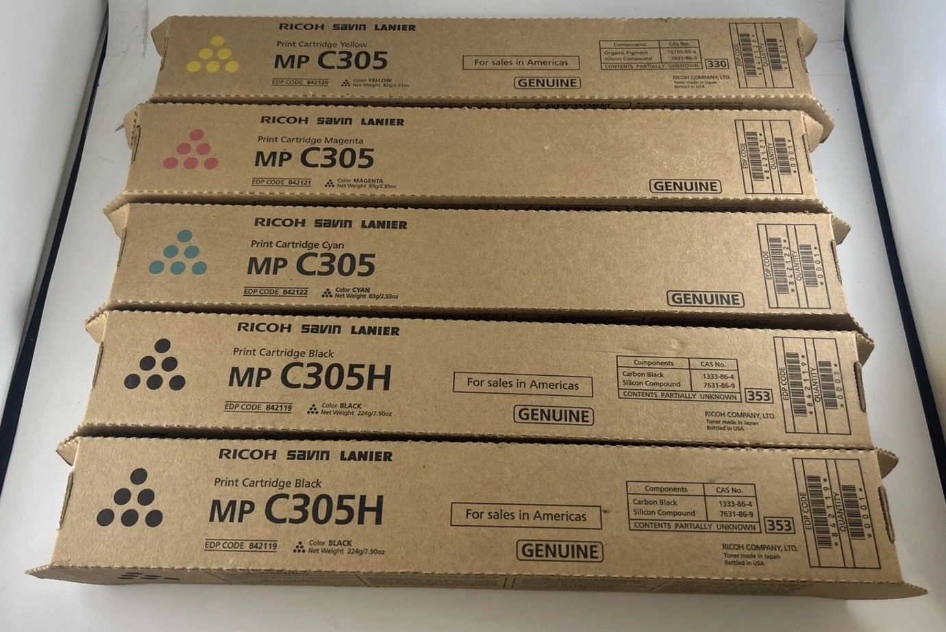 Set of 5 Ricoh MP C305 C305H Genuine CMYK Print Cartridge 842119-22 New Sealed