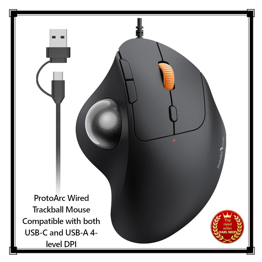 ProtoArc Wired Trackball Mouse Compatible with both USB-C and USB-A 4-level DPI