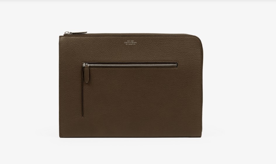 Smythson Small Laptop Case with Zip in Ludlow in Olive New in Box