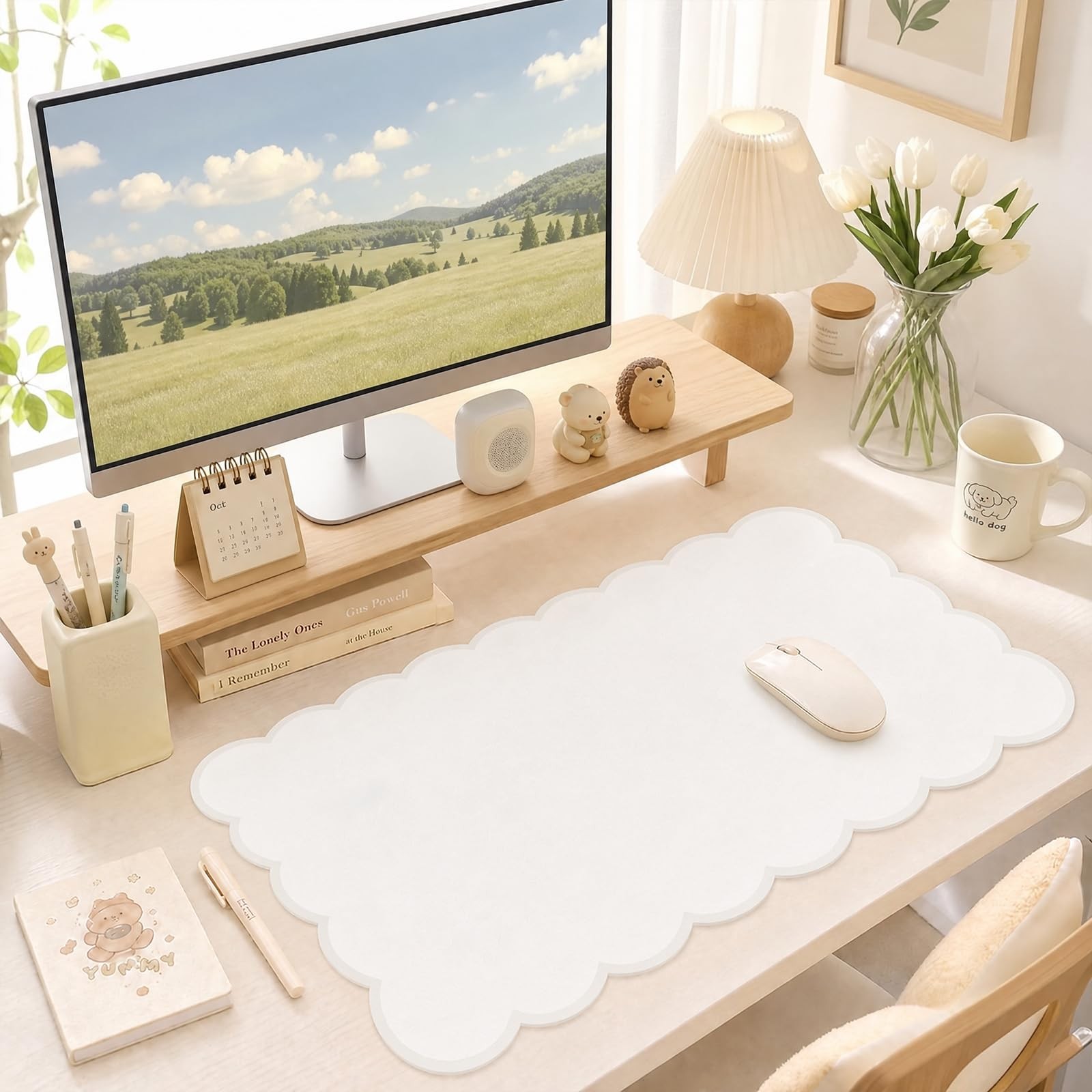 Scalloped Desk Mat,31.5"x15.7" Large Pad for Desk Pad,Beige