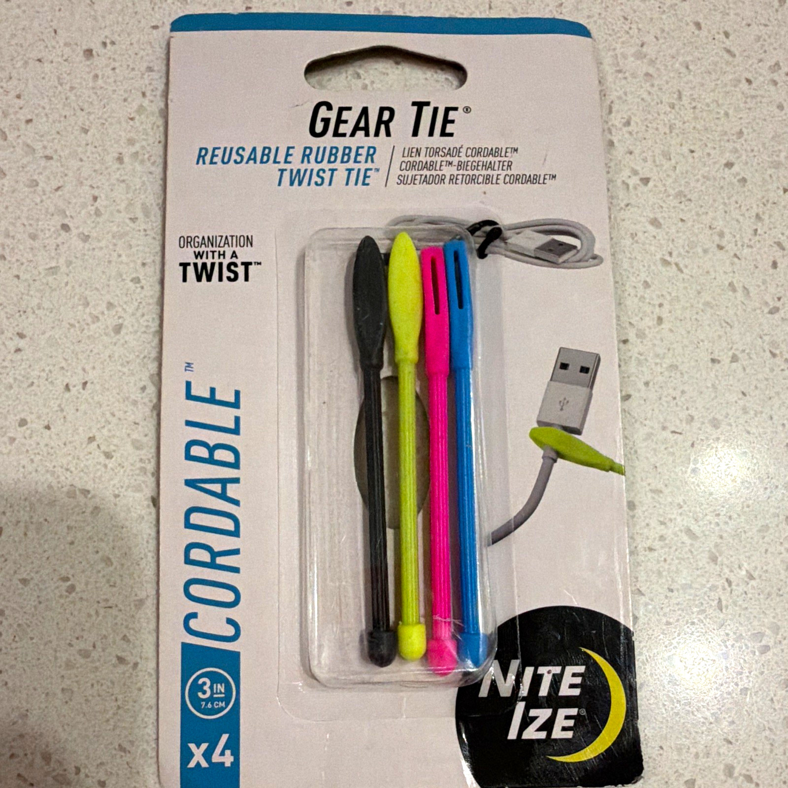 Nite Ize Gear Tie Cordable Reusable Adjustable Rubber Twist Tie 3in 4-Pack