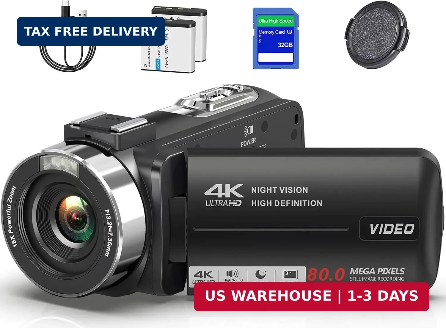 4K UHD 80MP Camcorder Video Camera YouTube Vlogging Camera Webcam Autofocus