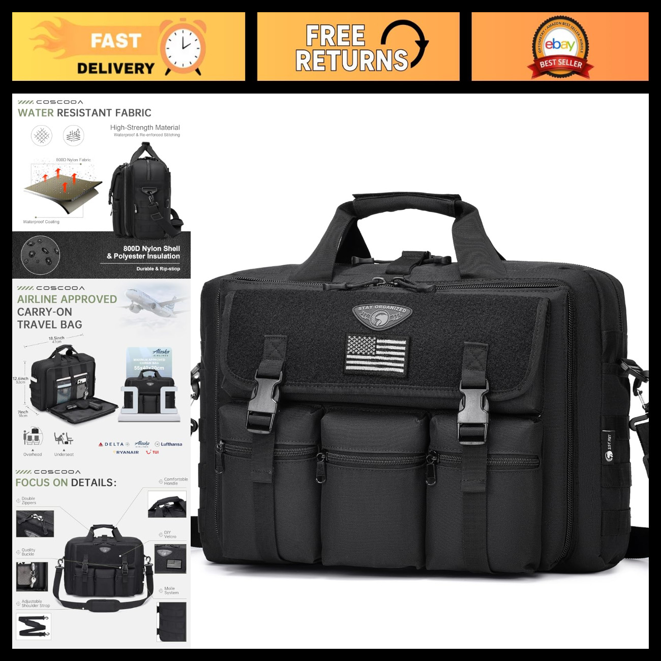 Tactical Messenger Bag for Men, 15.6/17.3 Inch Briefcase, Military Style, Durabl