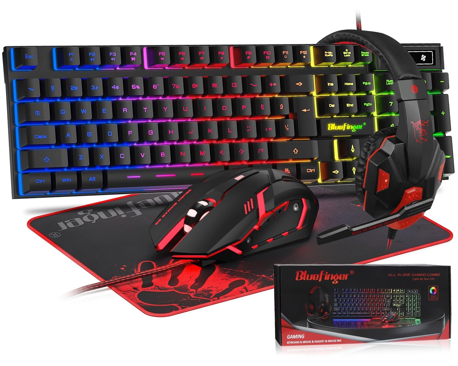 BlueFinger RGB Gaming Keyboard Mouse Headset Combo 3-Piece USB Wired Backlit PC