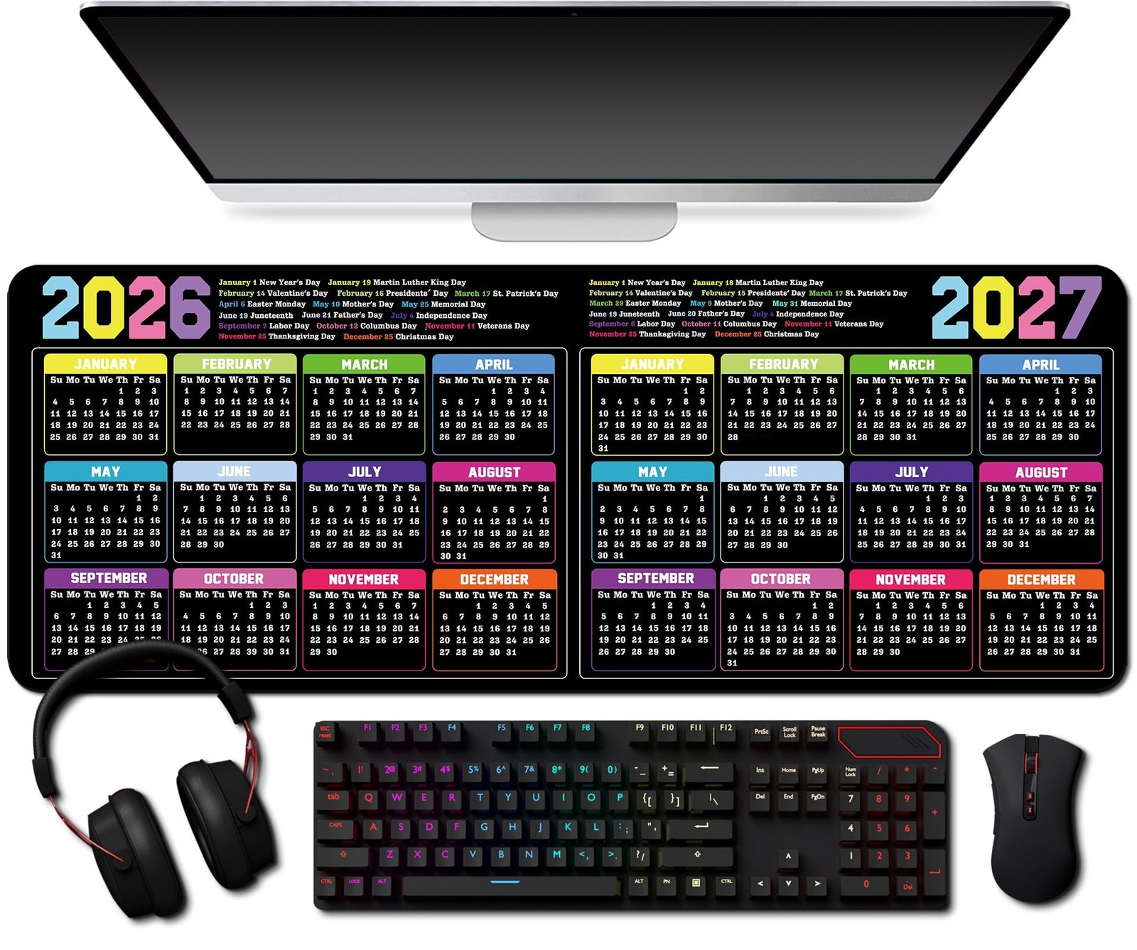 2026-2027 Calendar Mouse Pad with Holiday,Large Gaming Mousepad for Computer ...