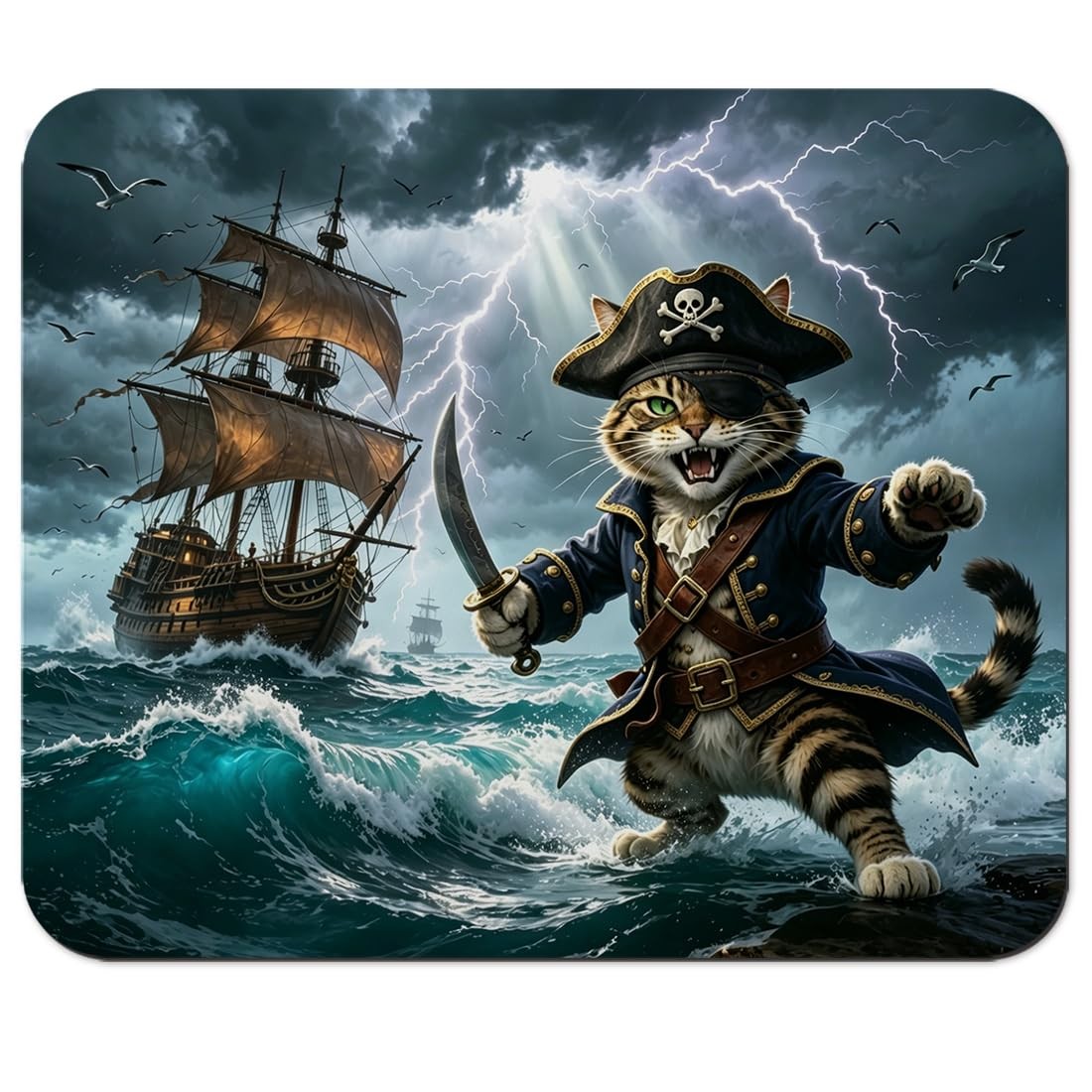 Pirate Cat with Sword Mouse Pad 9.5" x 7.9", Stormy Ocean Fantasy Cute Desk M...