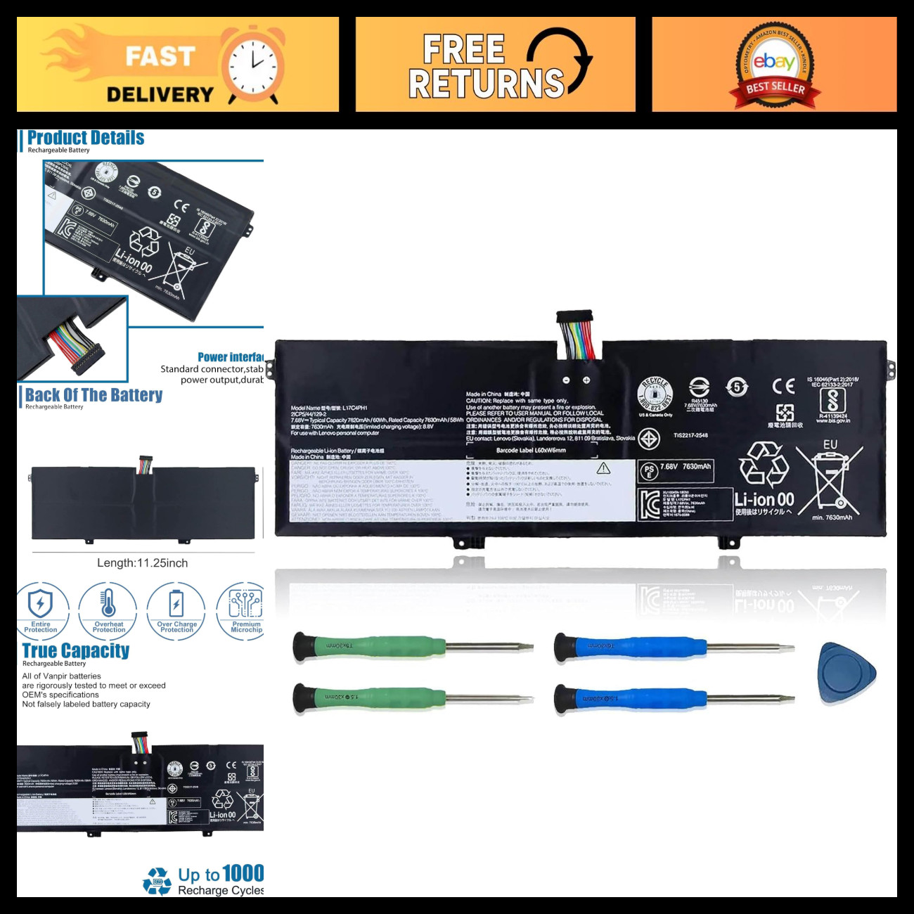 High-Capacity Laptop Battery for Lenovo Yoga C930 - 7.68V 60Wh 7820mAh, Compatib