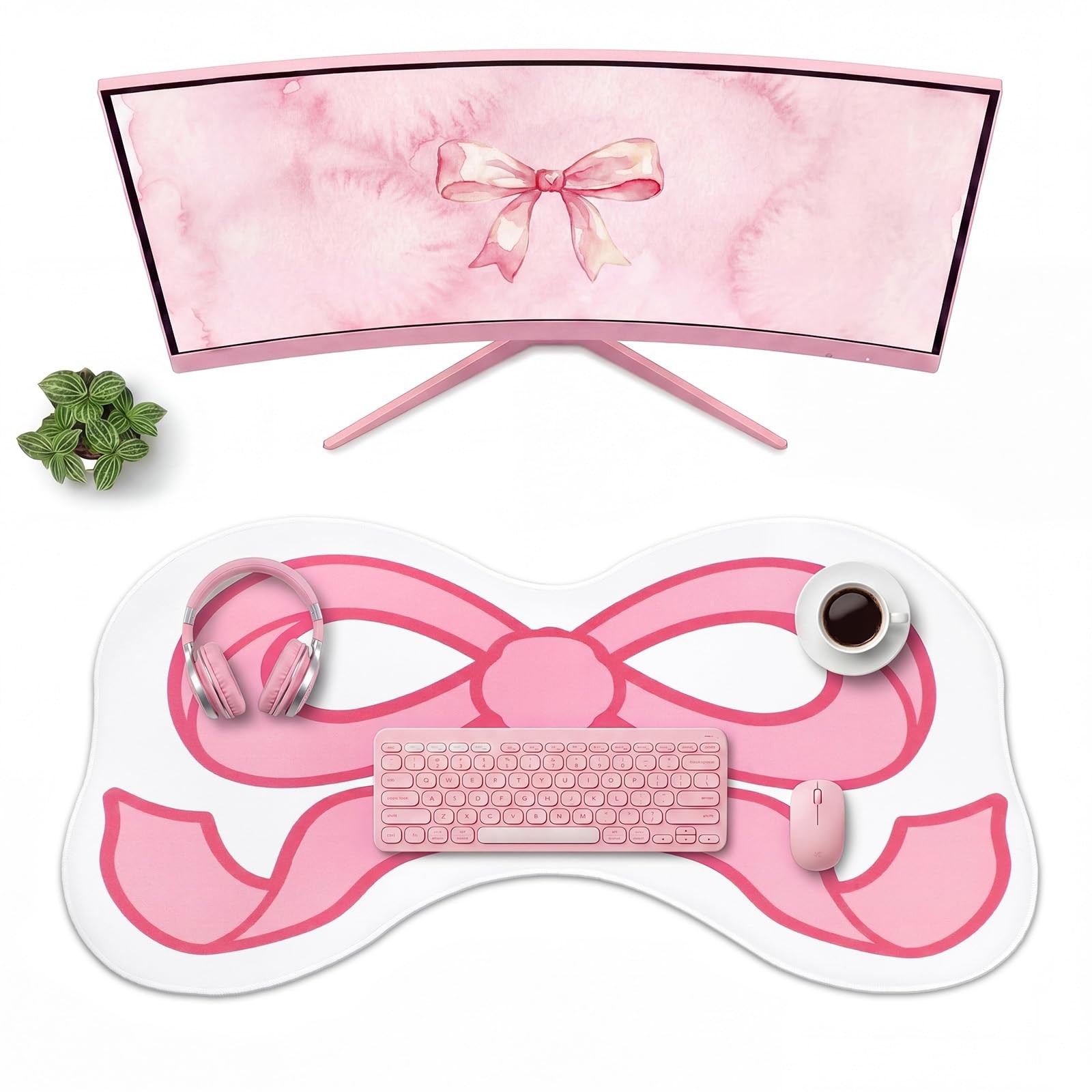 Large Pink Bow Desk Mat 31.5 x 15.8 Inches Coquette Scalloped Mouse Pad Back ...