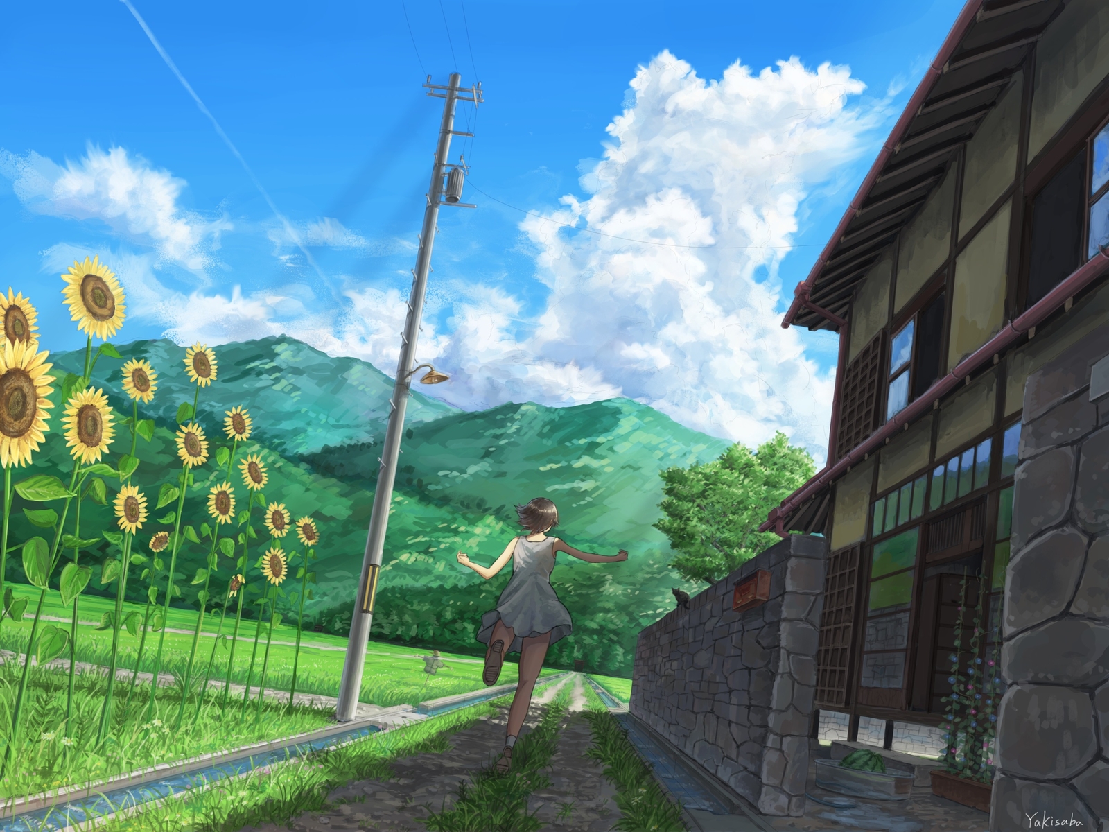 Landscape sunflowers sky clouds running short hair Custom Gaming Mat Desk
