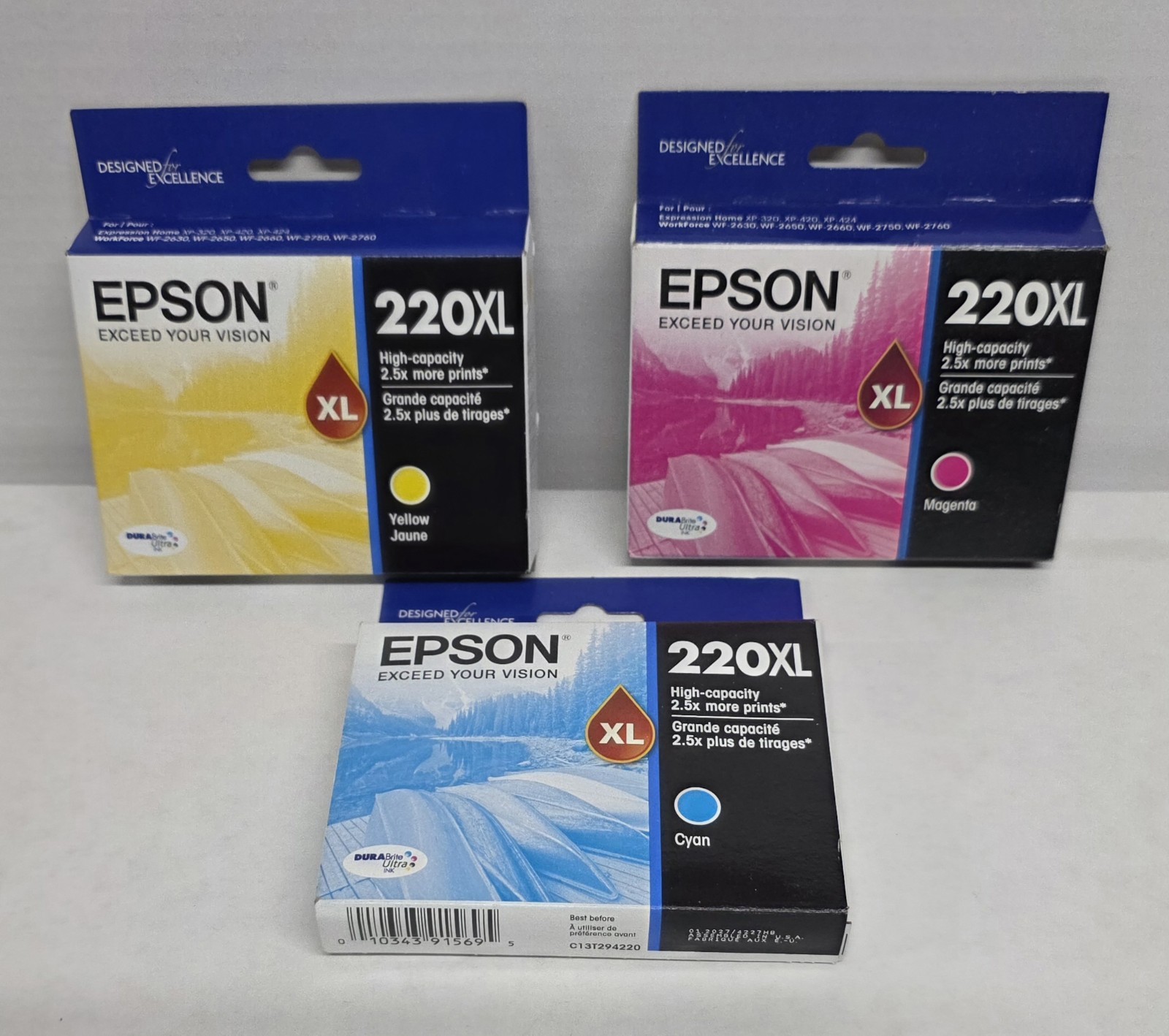 EPSON Ink 220XL Lot of 3 ~ Blue & Yellow Exp 1/27 ~ Magenta Exp 4/26 Genuine OEM