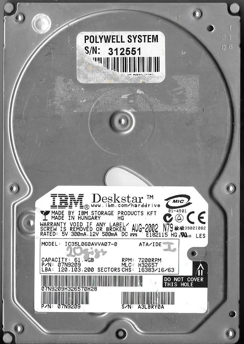 IBM IC35L060AVVA07-0 61.4GB IDE Hard Drive P/N: 07N9209  MLC: H32657