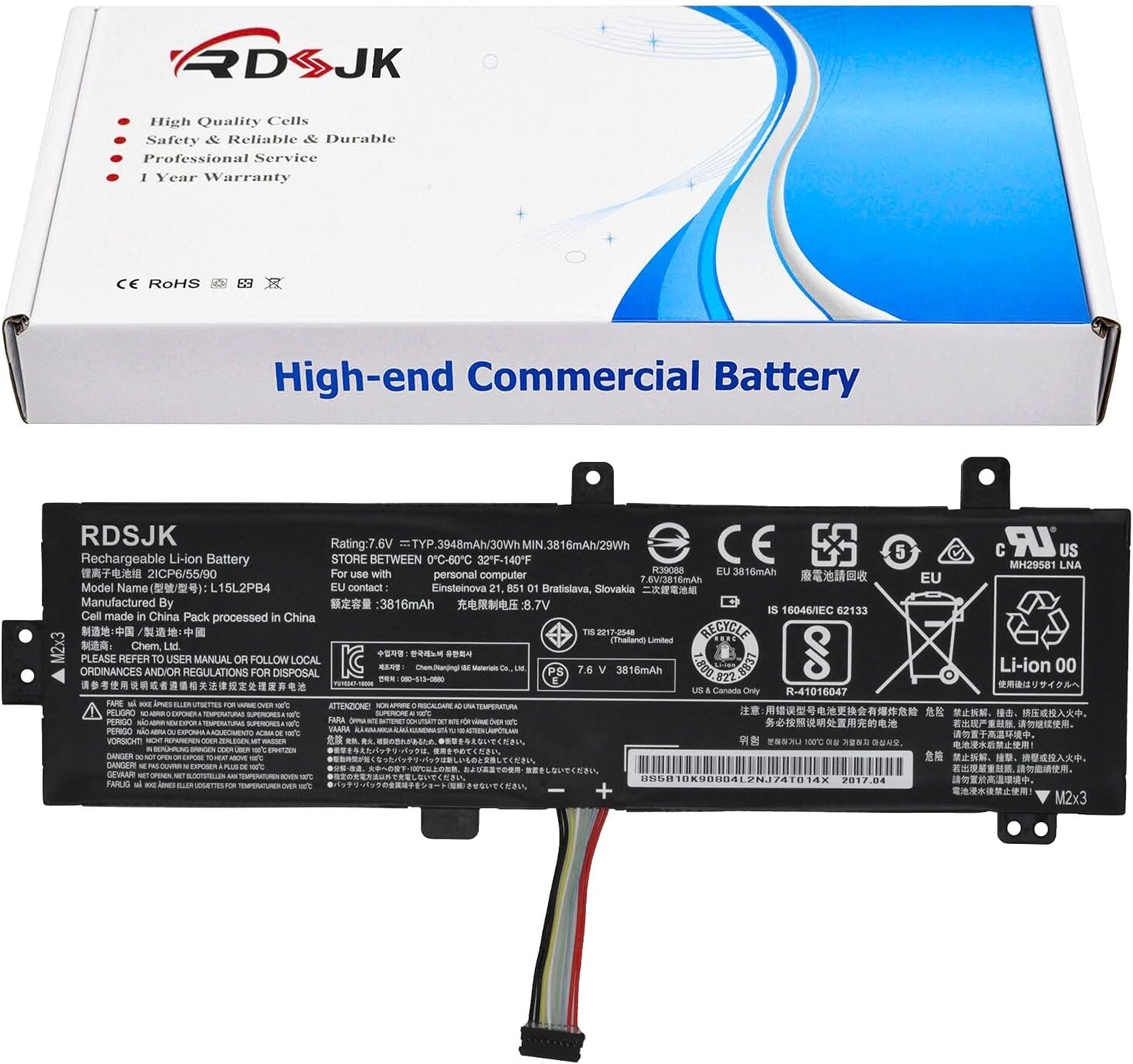 RDSJK L15L2PB4 L15L2PB5 Laptop Battery for Lenovo IdeaPad 310-15ISK - 7.6V 30Wh