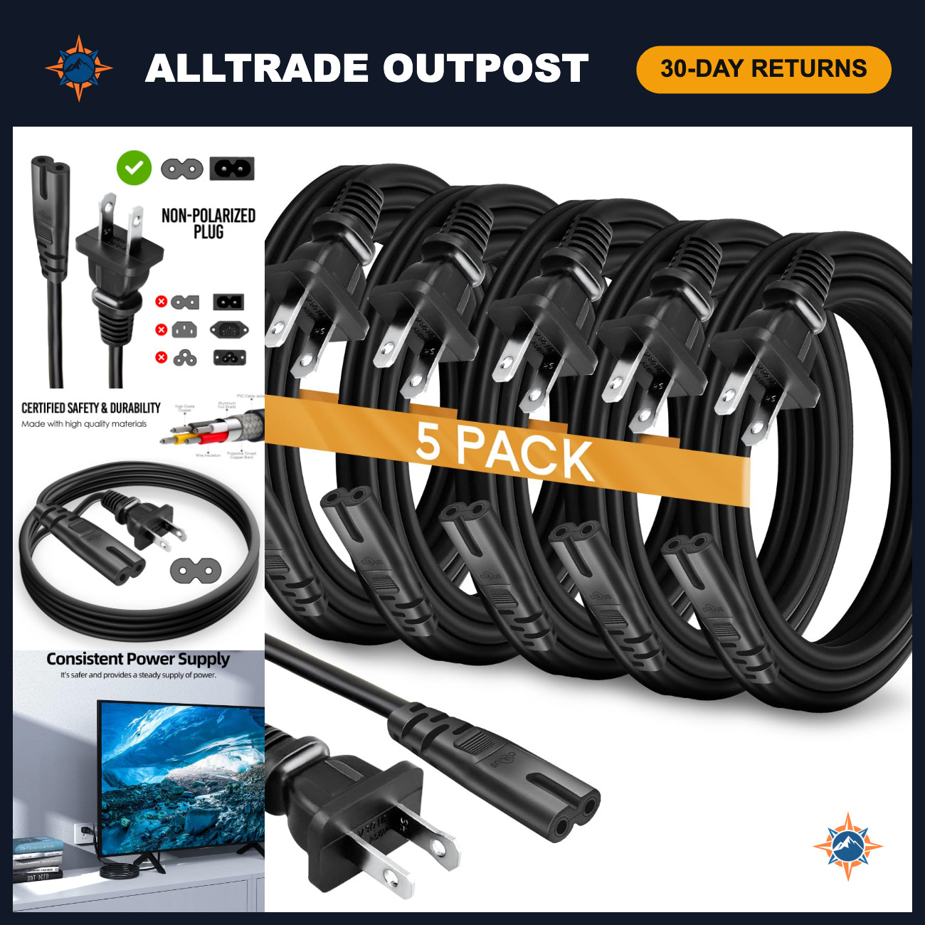 5-Pack 1ft AC 2-Prong Power Cord for TV, PS5, PS4, Xbox, Speakers - C7 Replaceme
