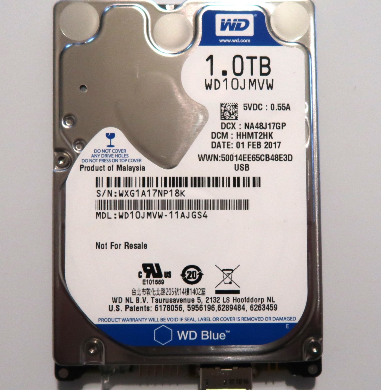 WD WD10JMVW-11AJGS4 HHMT2HK COO:Malaysia (WXG1) Cap: 1.0TB USB HDD FEB/2017
