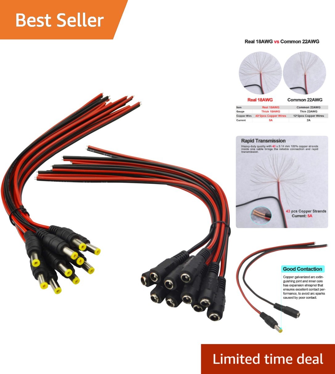 10 Pairs 18AWG 12V DC Pigtail Connectors - Safe for All Devices