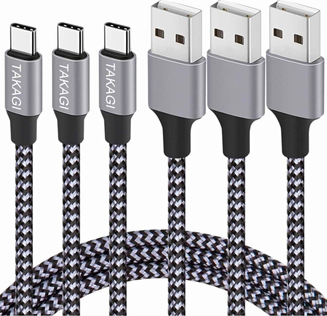 TAKAGI USB-A to USB-C Braided Fast Charge USB Cable,  10ft, Gray/Black