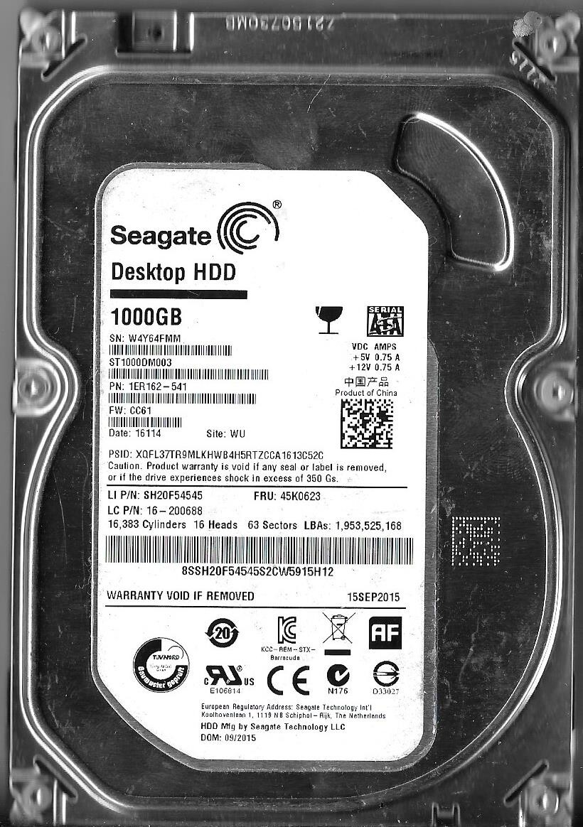 Seagate ST1000DM003 1TB Sata Hard Drive P/N: 1ER162-541 F/W: CC61  W4Y  WU