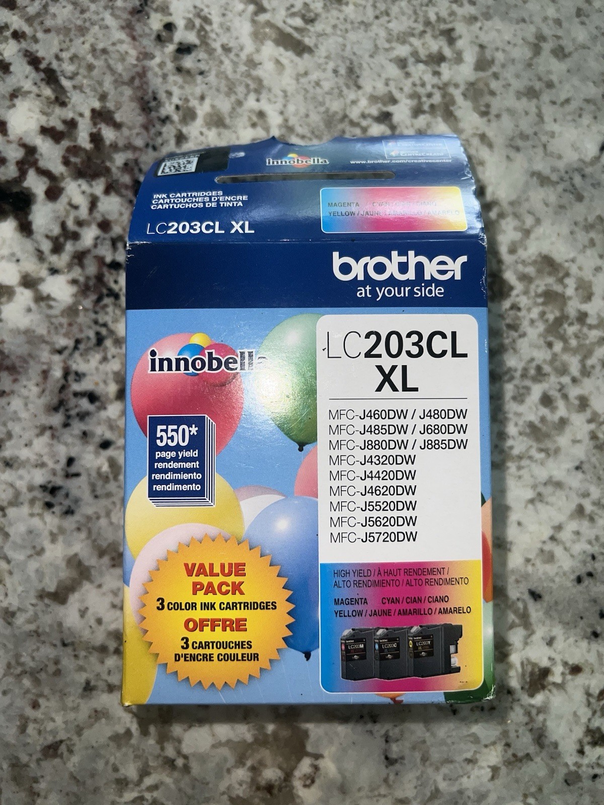  Brother LC203CL XL high-yield color ink cartridge value pack.