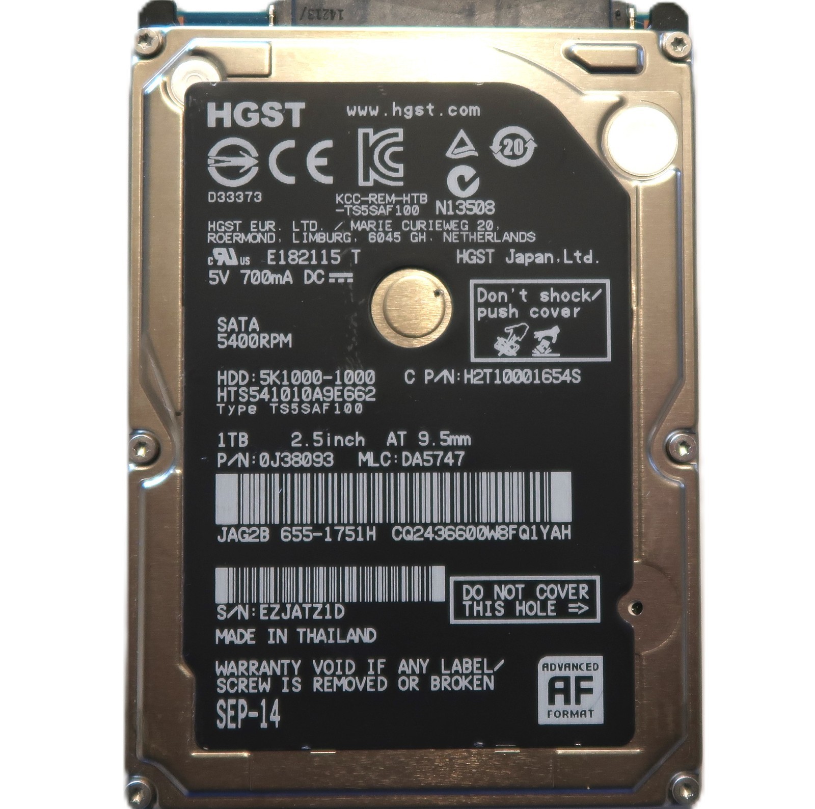 Hitachi HTS541010A9E662 0J38093 DA5747 (EZJ) Thailand 2.5" 1TB Sata HDD 2014