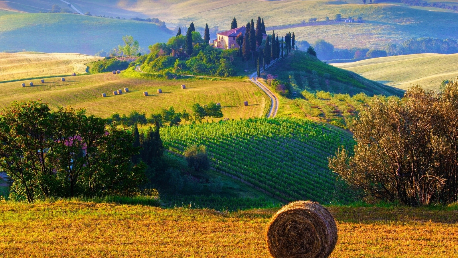 Landscape farm haystacks terraced field cottage tuscany Custom Gaming Mat Desk