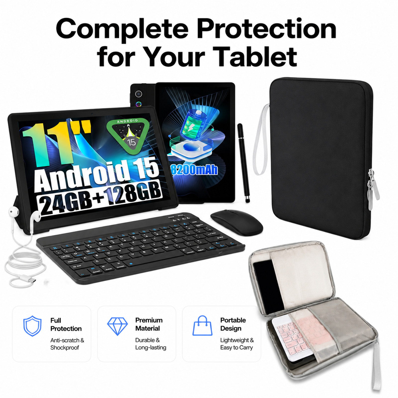 11” HD Tablet Bundle Keyboard & Stylus – 24GB+128GB, 5G Wifi, Bundle Free Case