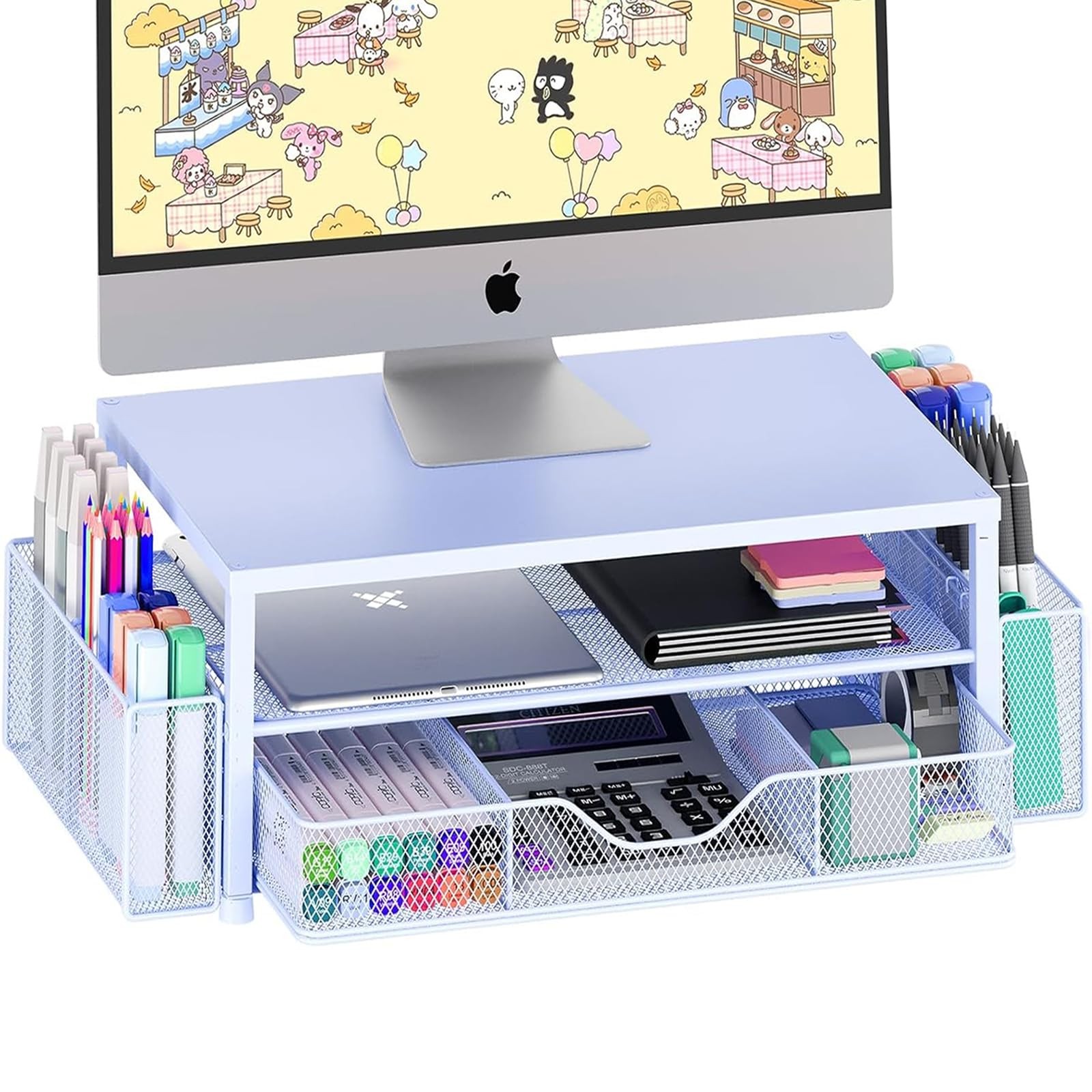 OPNICE Desk Organizers and With Drawer 2 Pen Holders, Blue 1-Pack