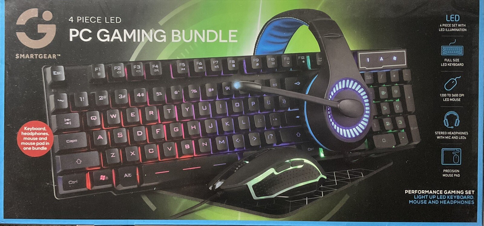 Smartgear 4 Piece LED PC Gaming Bundle - Keyboard, Headphones, Mouse & Pad