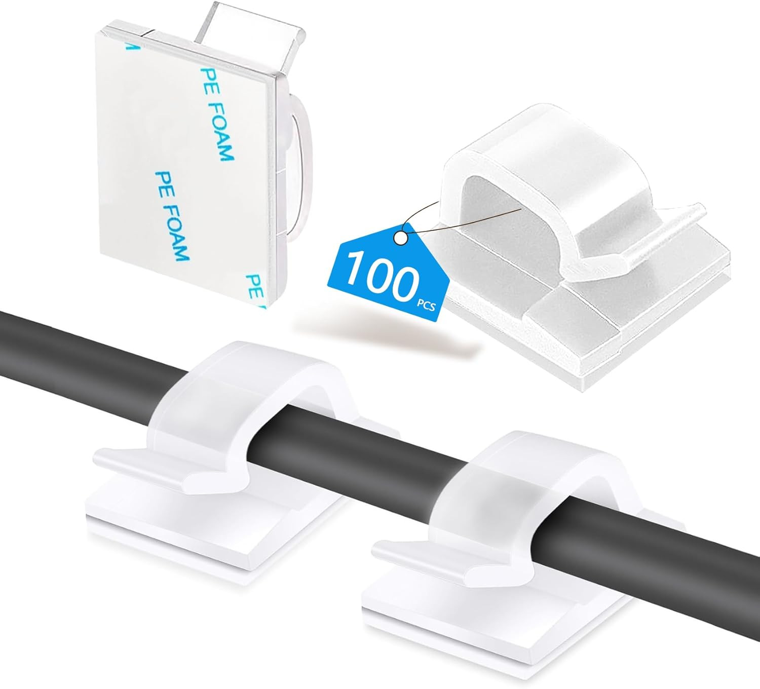100 Clips Adhesivos Para Cables Organizador Soporte Pared Escritorio Claro Pack