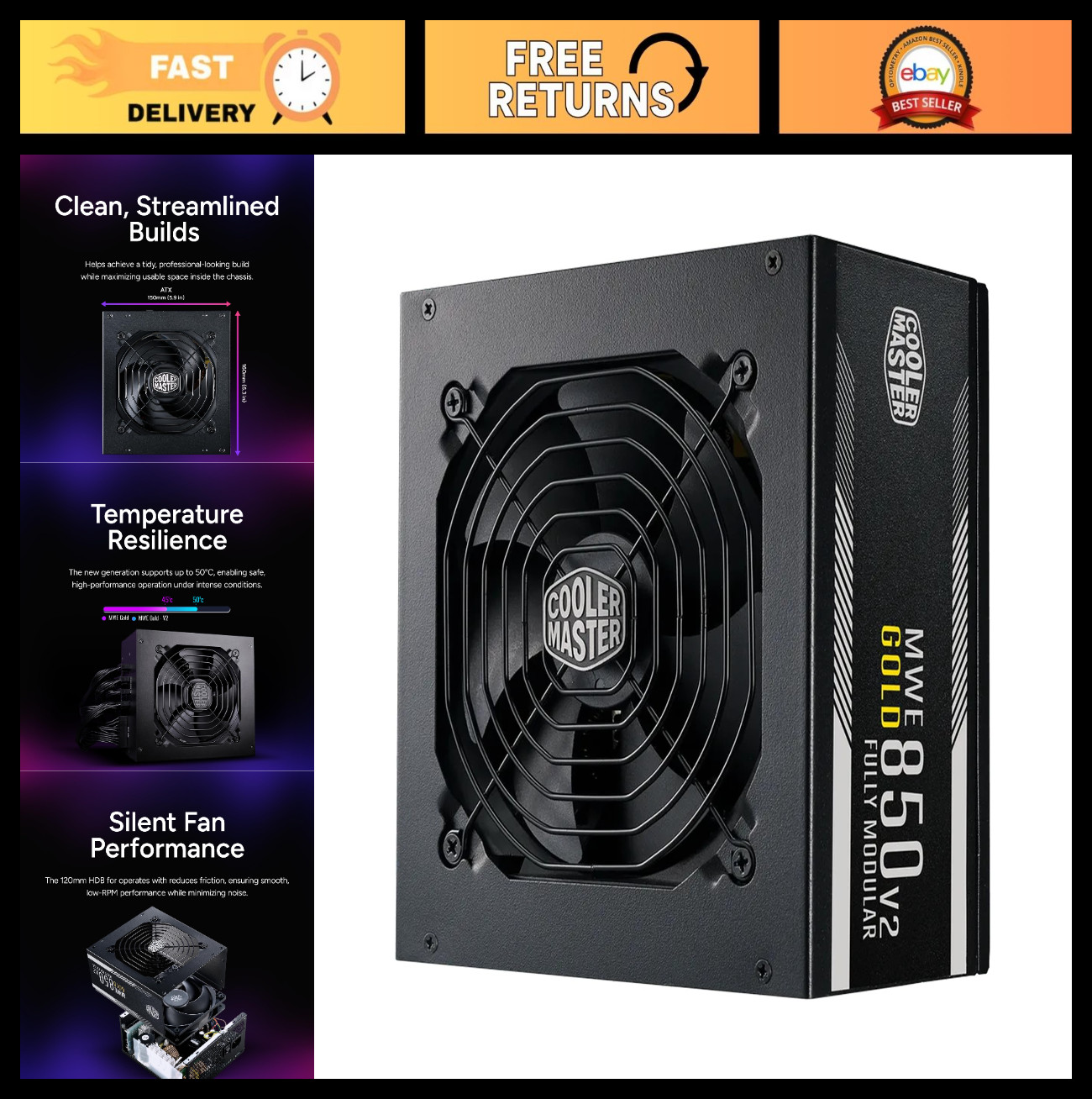 850W Fully Modular Power Supply, 80 PLUS Gold, Low Noise, Semi-Fanless, Cybeneti