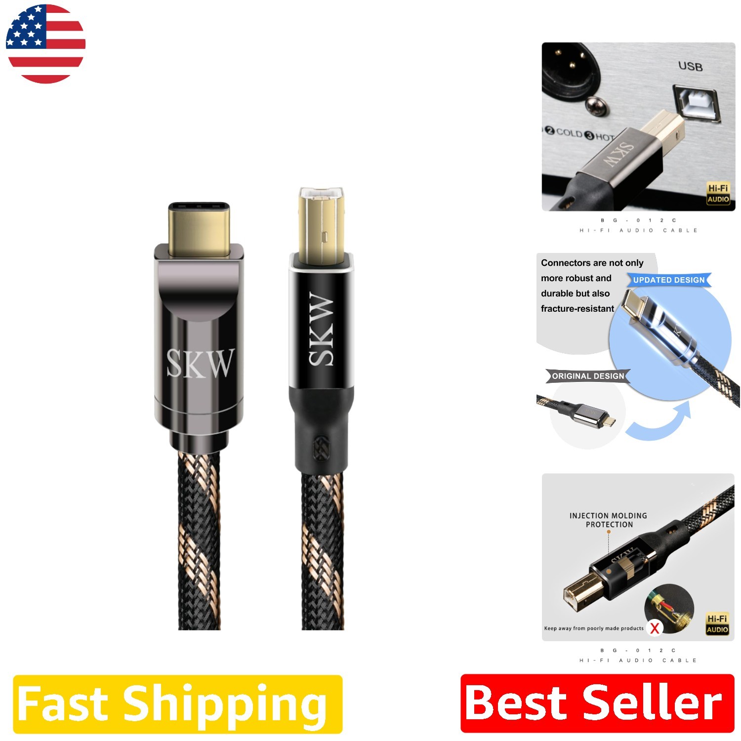 Durable USB C to USB B Cord 2M Nylon Braid 24K Gold Connectors