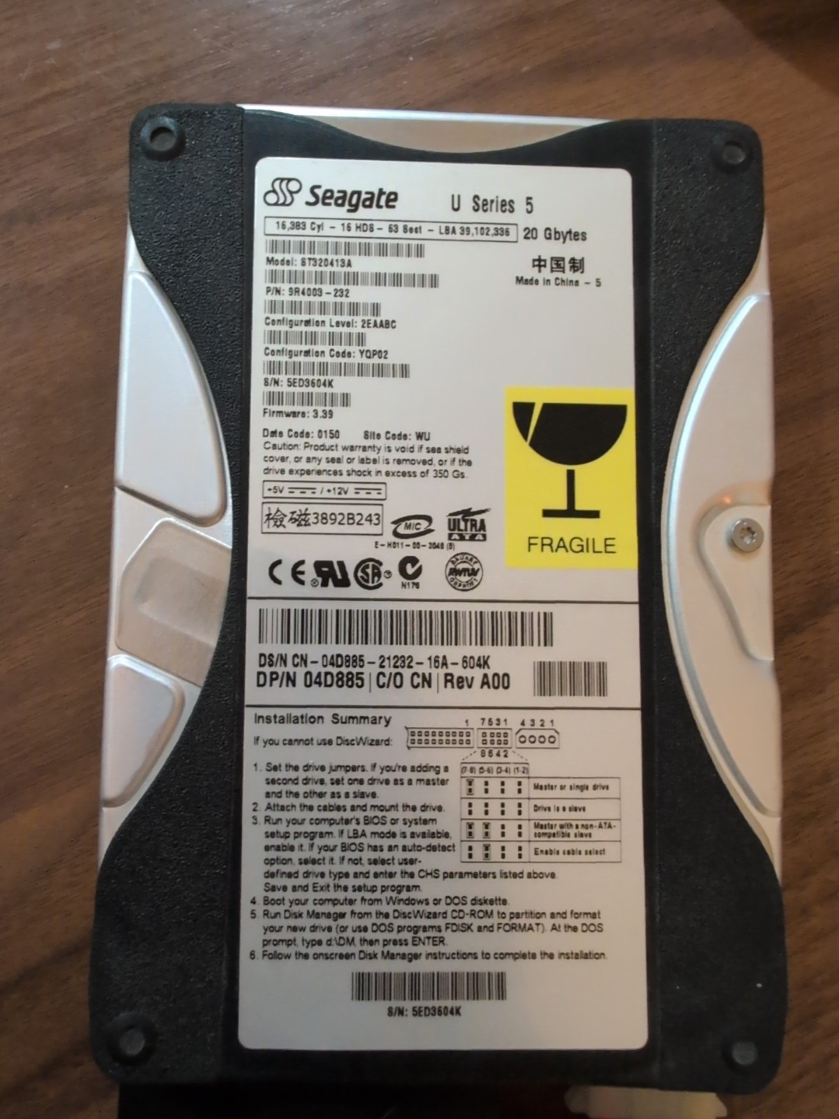 Seagate U5 20 GB,Internal,5400 RPM,3.5" (ST320413A) HDD, WIPED