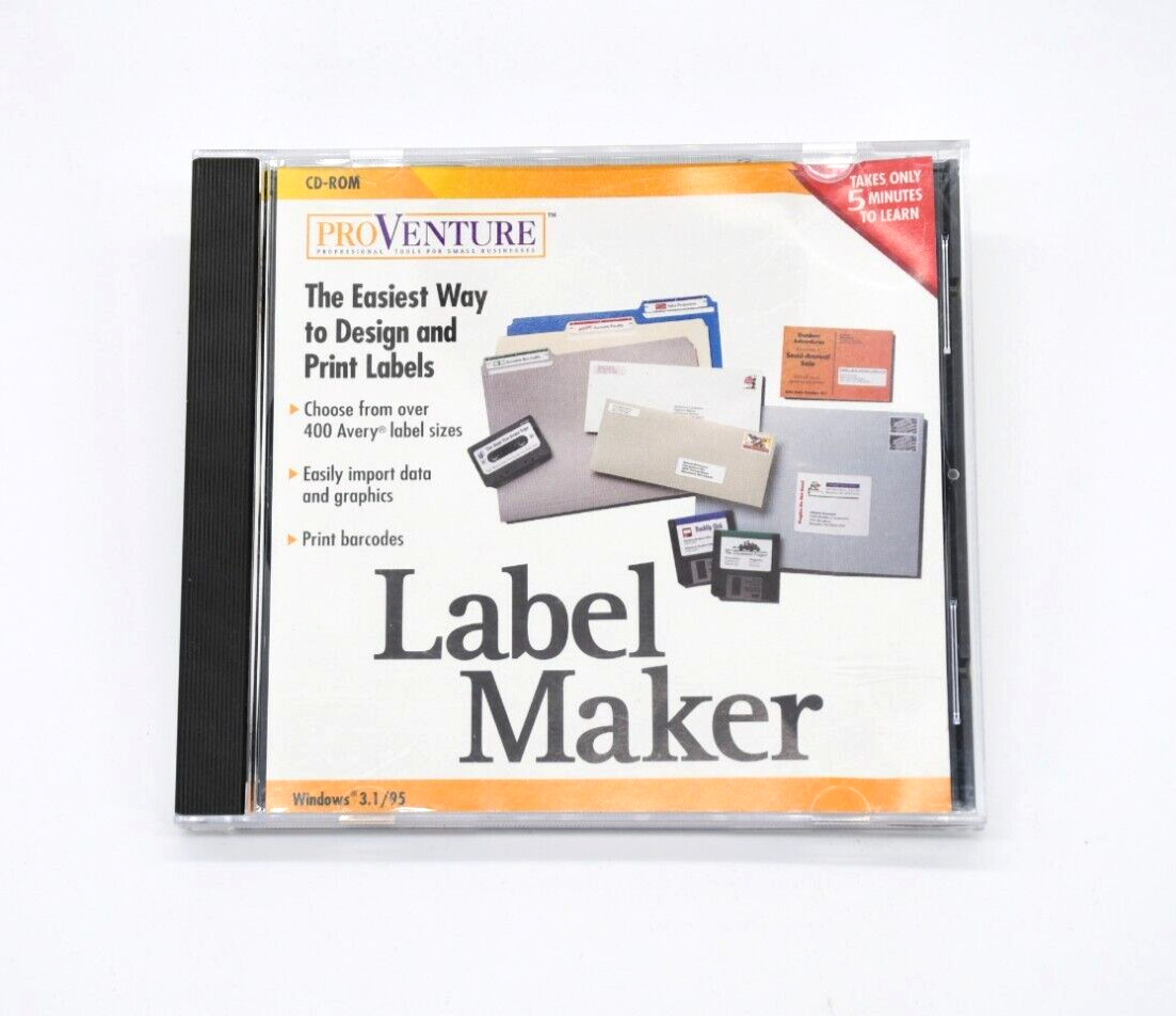 Vintage ProVenture Label Maker Software Windows 3.1 / 95 CD-ROM - 1999