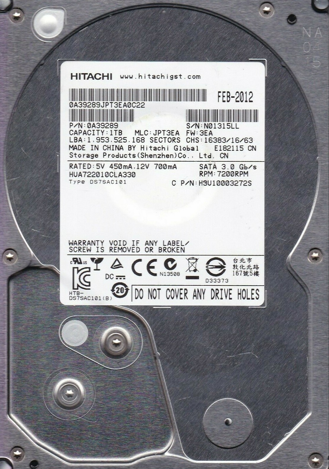 Hitachi HUA722010CLA330 pn: 0A39289 mlc: JPT3EA fw: 3EA 1TB 3.5" HDD SATA 1208