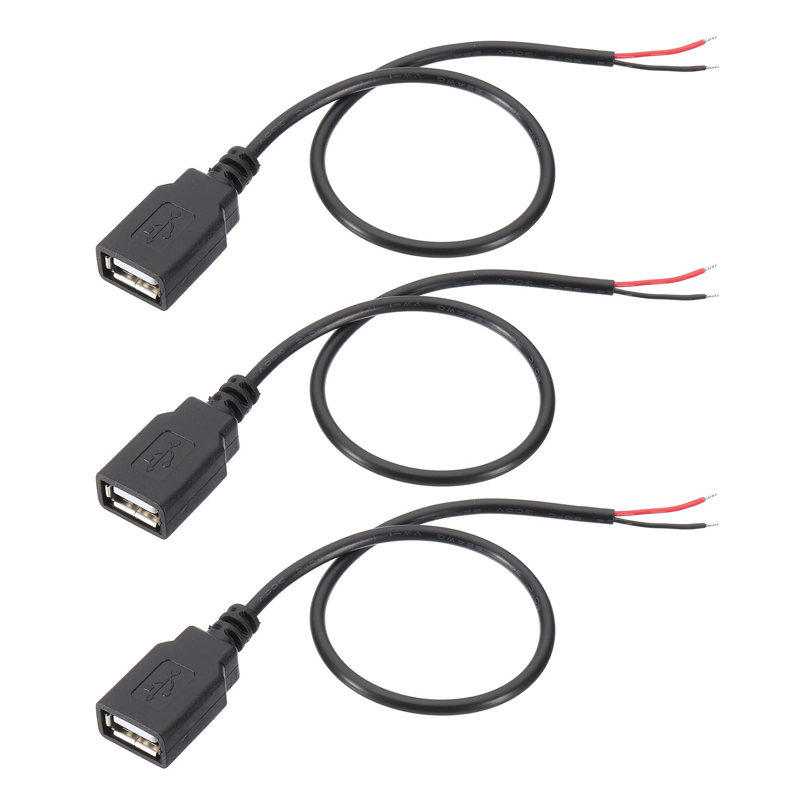 3pcs 1Ft USB 2.0 Female to 2 Pin Bare Wire Pigtail Cable 22AWG Power Cords
