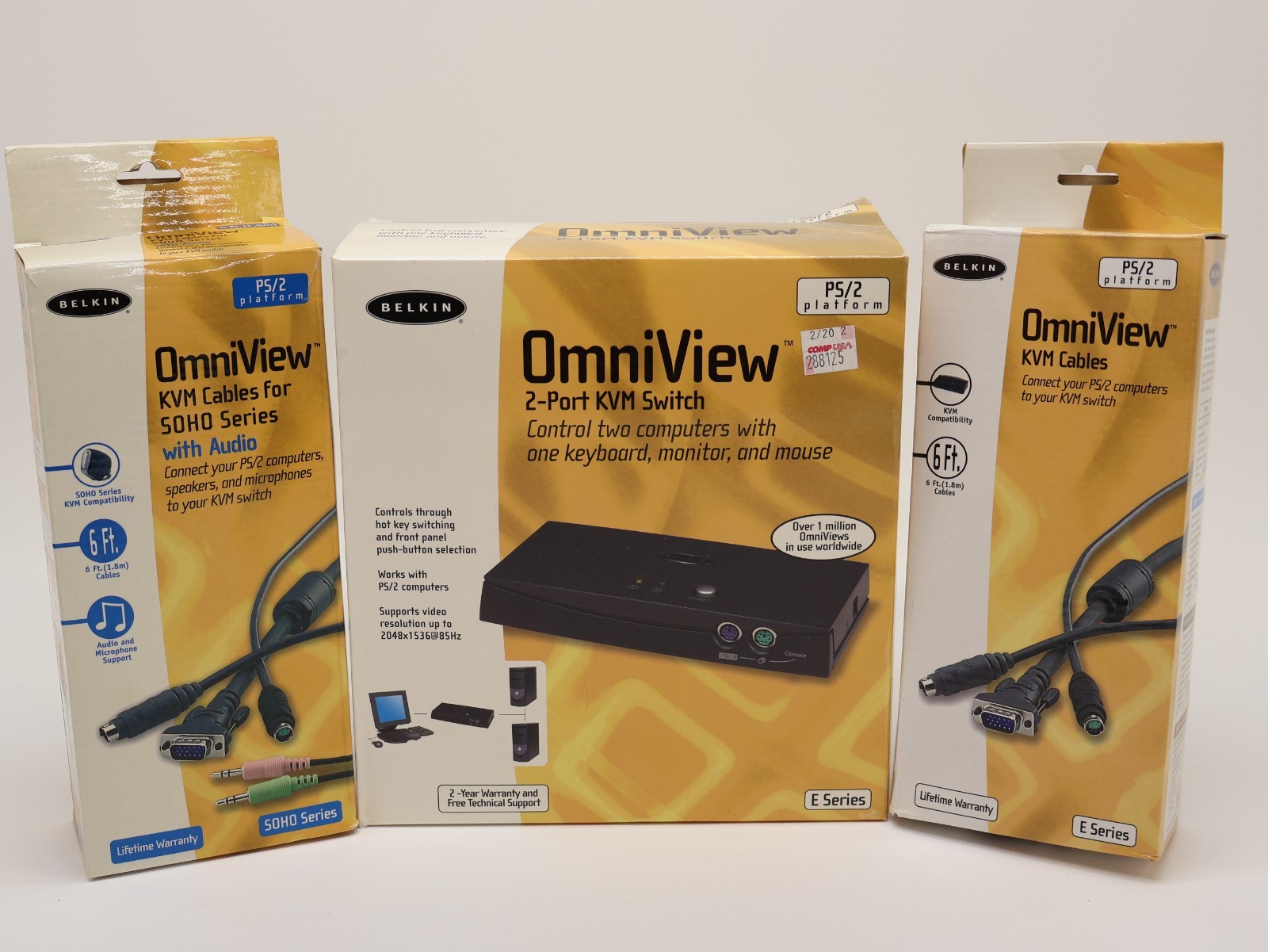 Belkin OmniView 2 Port KVM Switch w/ 2 Sets of Omniview KVM Cables, Brand New