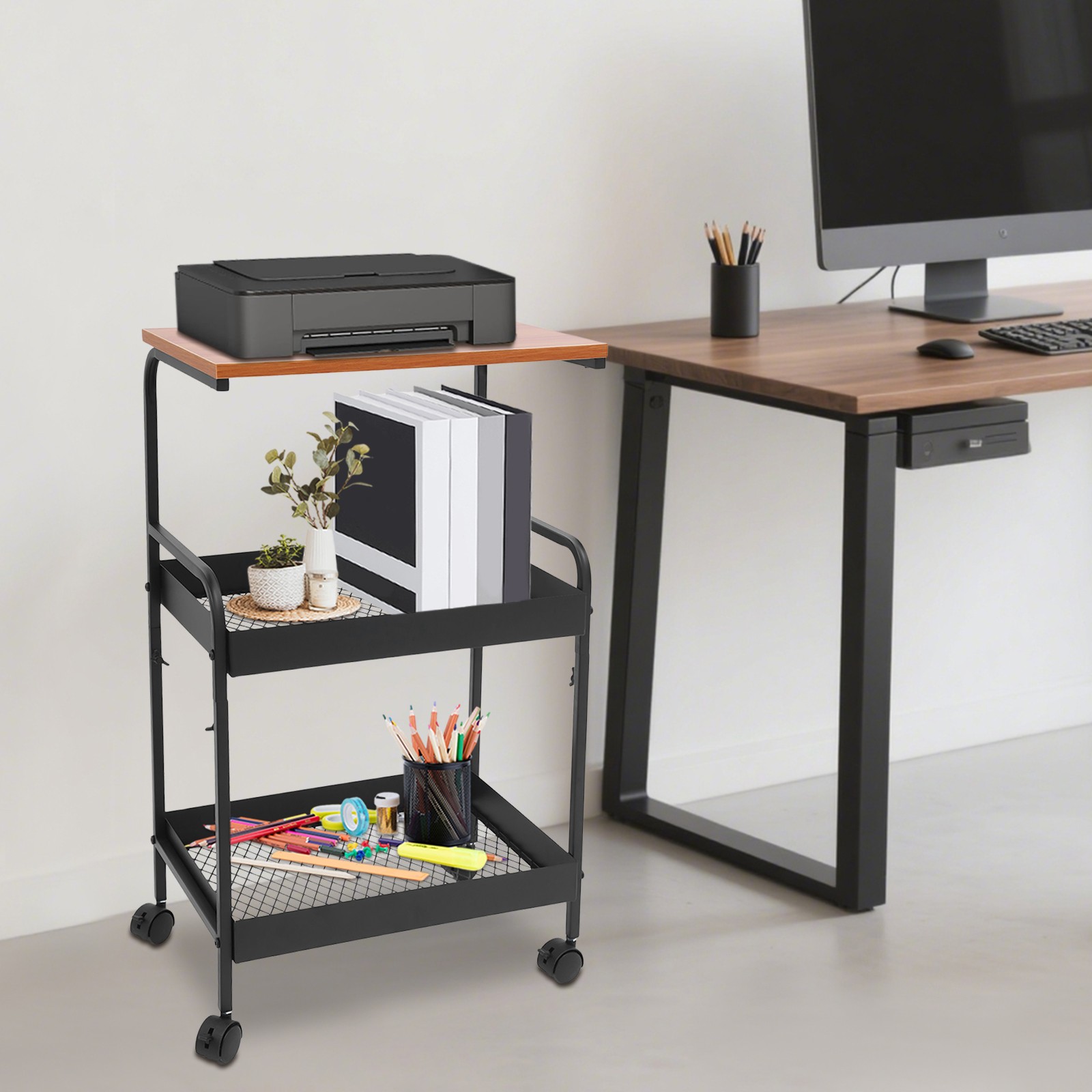 Mobile Printer Stand 3 Tier Rolling Cart 22 Lbs For Home Office Small Space