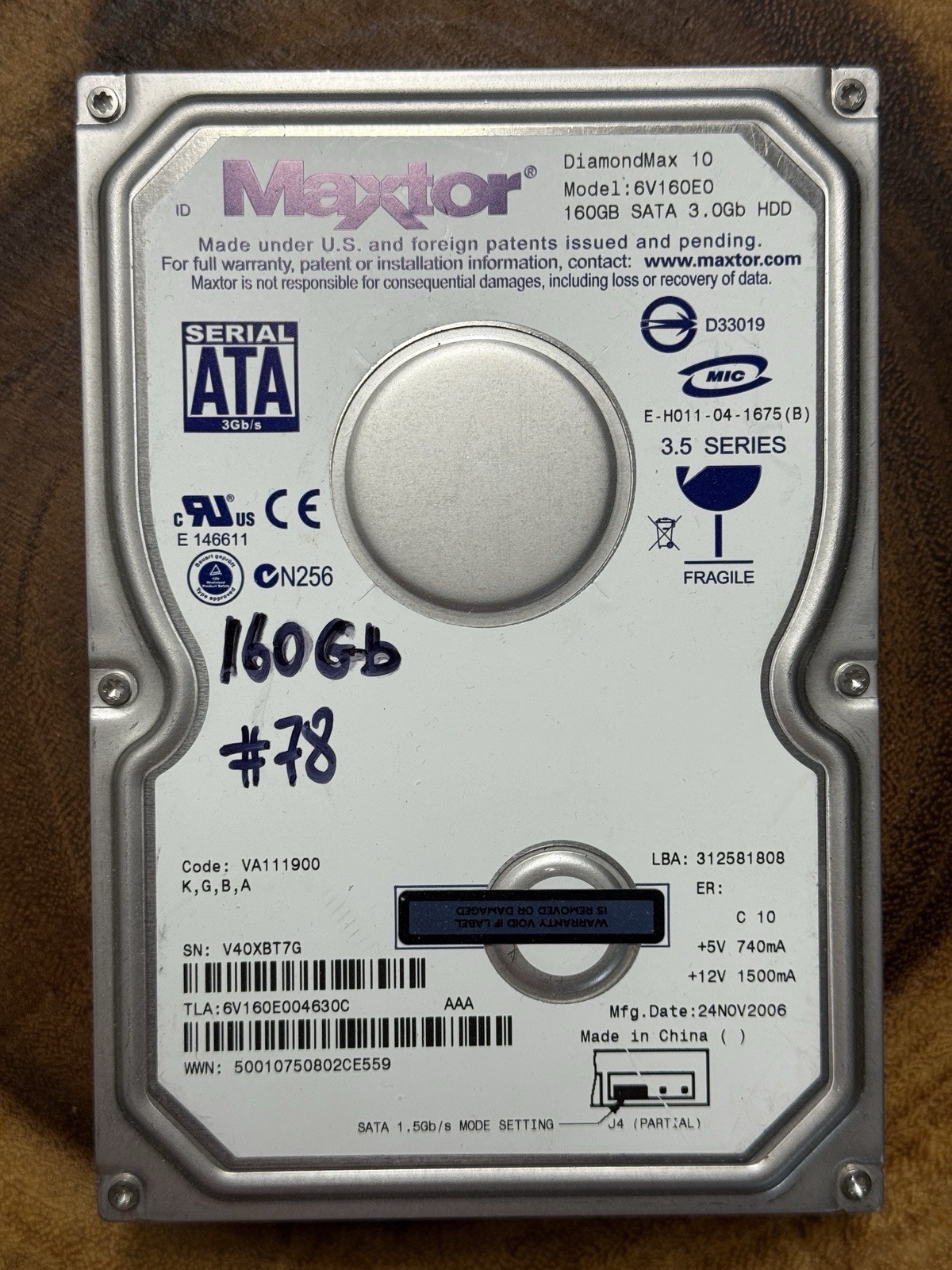 TESTED Maxtor DiamondMax 10 Internal hard disk drive 160GB Model: 6V160E0 #78