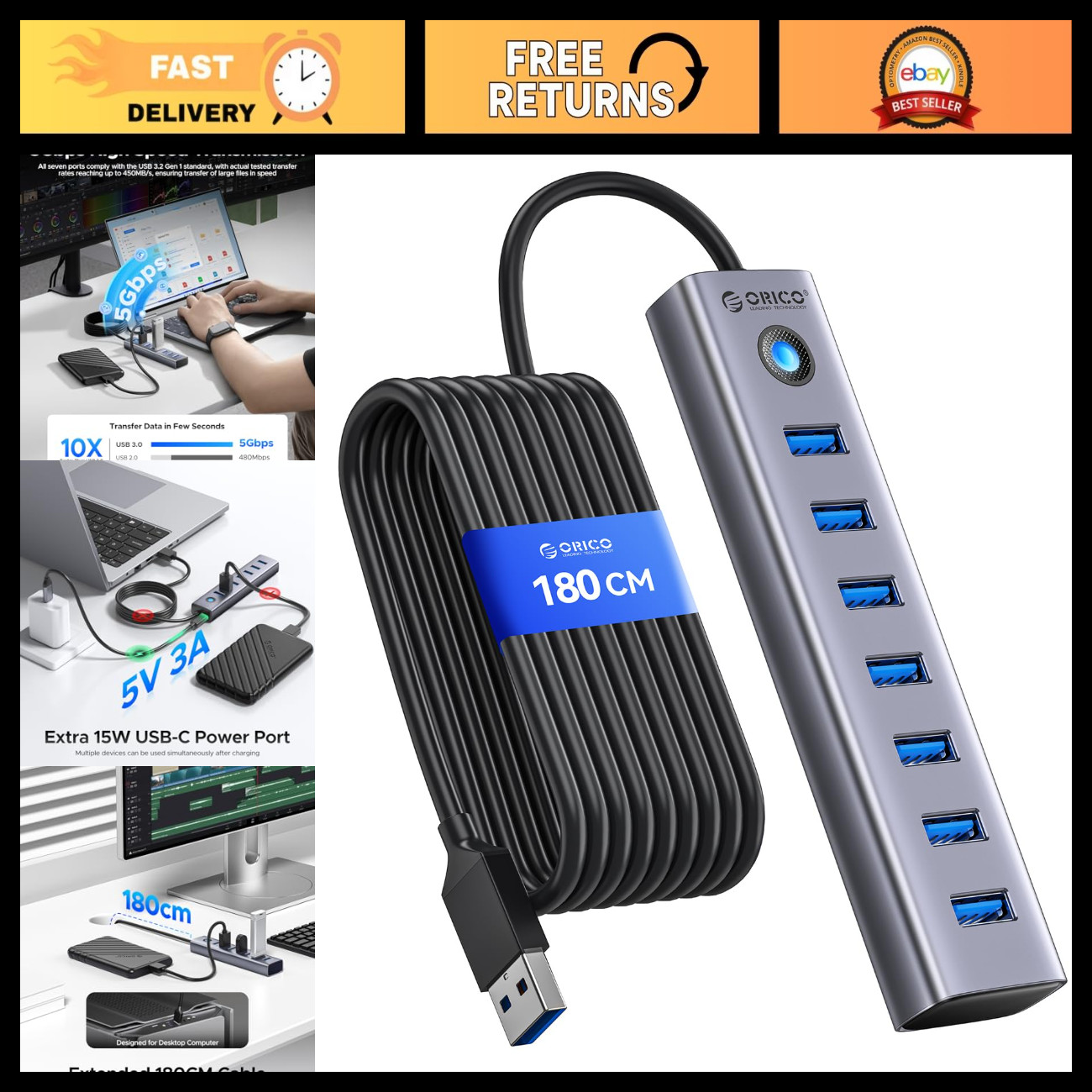 7-Port USB 3.0 Hub with 6FT Cable for Desktop, Laptop & PC - High-Speed Data Tra